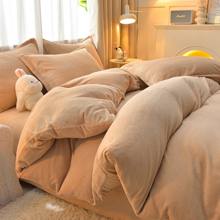 91家纺网 家纺一手货源 找家纺 简爱2025新款纯色双拼牛奶绒四件套被套（跑量款）直播 卡其