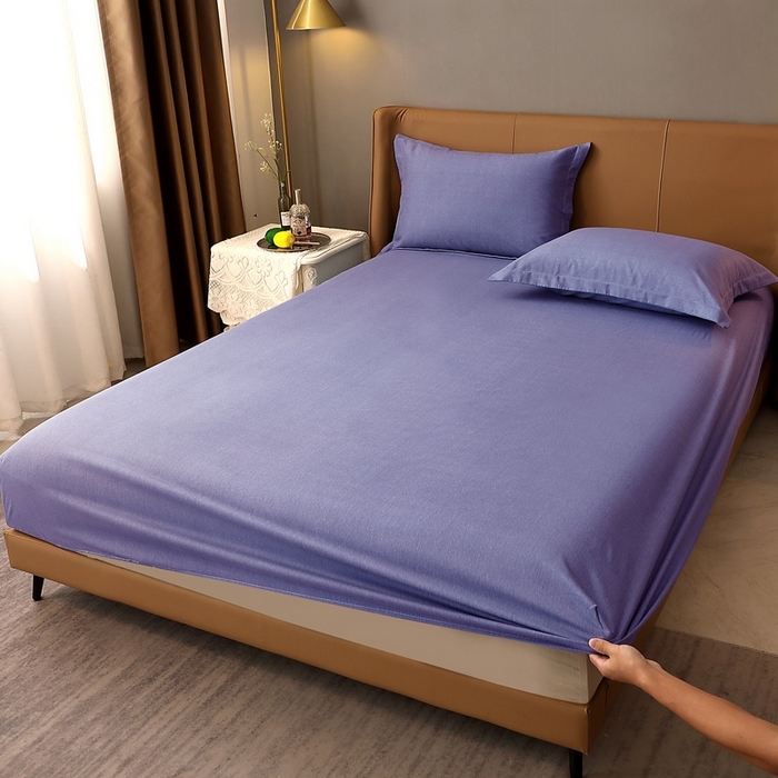 91家纺网 家纺一手货源 找家纺 晶缦家纺 2023加厚全棉纯色生态磨毛多规格单品四件套--床笠 纯依-牛仔蓝