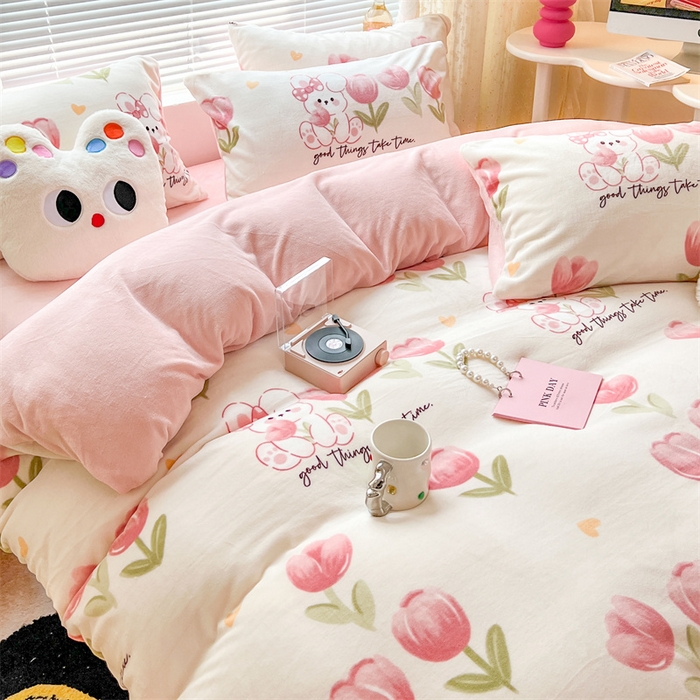 91家纺网 家纺一手货源 找家纺 顾里家纺 2023新款ins少女保暖牛奶绒四件套第二批 粉兔郁金香