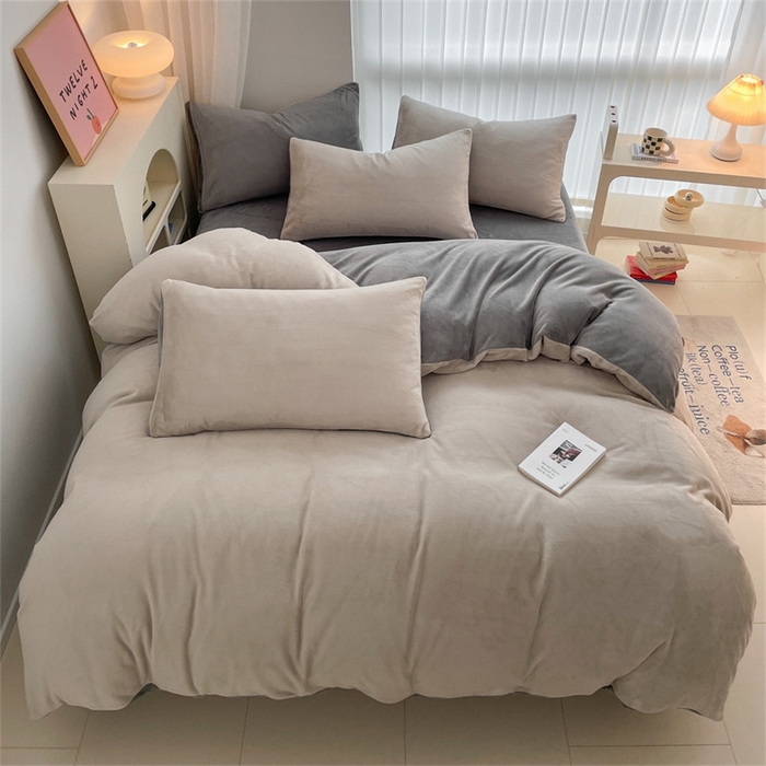 91家纺网 家纺一手货源 找家纺 古吉梦 2023新款牛奶绒纯色双拼（跑量款）四件套 香草灰+经典灰