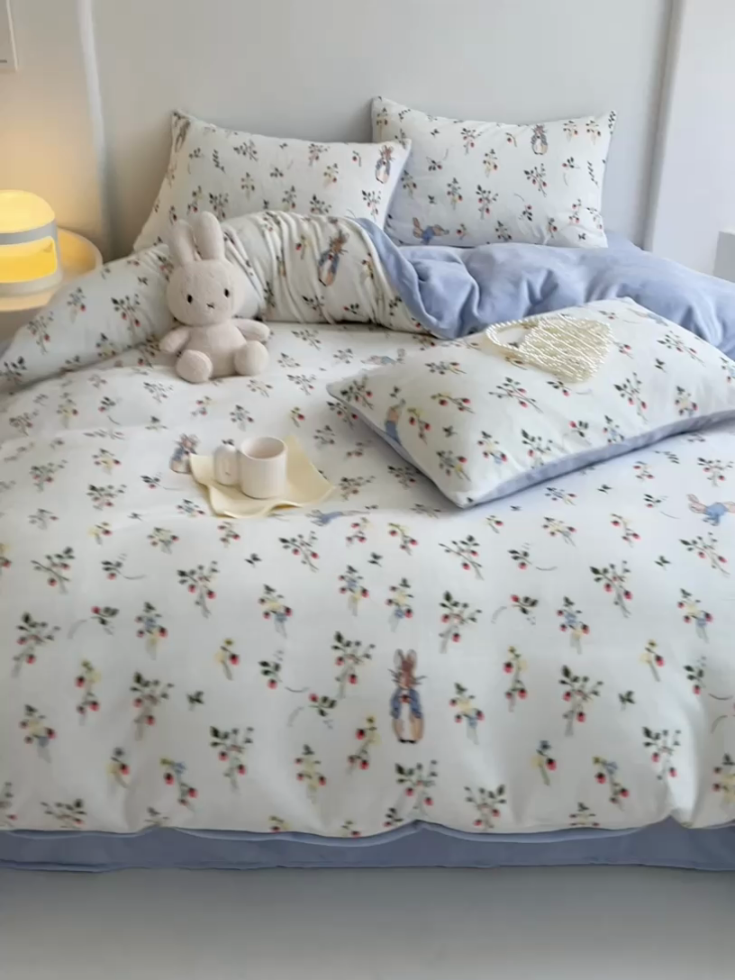 91家纺网 家纺一手货源 找家纺 潘朵拉 2023新款秋冬ins韩系牛奶绒印花四件套 枝叶小兔