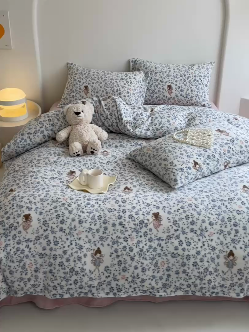 91家纺网 家纺一手货源 找家纺 潘朵拉 2023新款秋冬ins韩系牛奶绒印花四件套 仙子