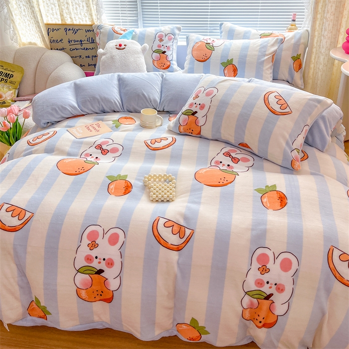 91家纺网 家纺一手货源 找家纺 顾里家纺 2023新款ins少女保暖牛奶绒四件套第二批 桔子小兔