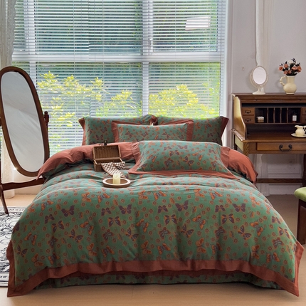 91家纺网 家纺一手货源 找家纺 （总）小欢喜 新款色织全棉双层纱四件套直播爆款