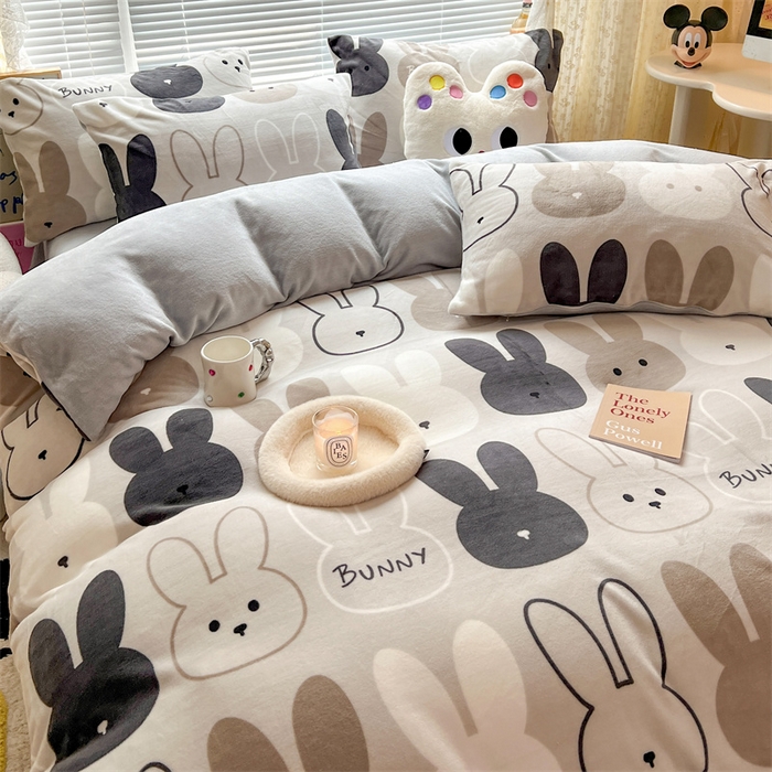 91家纺网 家纺一手货源 找家纺 顾里家纺 2023新款ins少女保暖牛奶绒四件套第二批 简约小兔