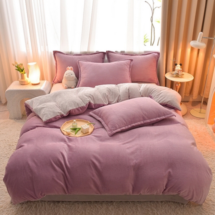 91家纺网 家纺一手货源 找家纺 简爱2025新款纯色双拼牛奶绒四件套被套（跑量款）直播 优雅紫灰