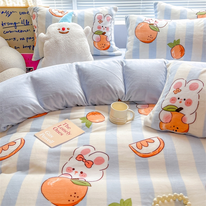 91家纺网 家纺一手货源 找家纺 顾里家纺 2023新款ins少女保暖牛奶绒四件套第二批 桔子小兔