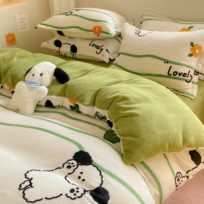 91家纺网 家纺一手货源 找家纺 沐慕 2024新款牛奶绒加厚保暖卡通印花四件套 皮皮狗