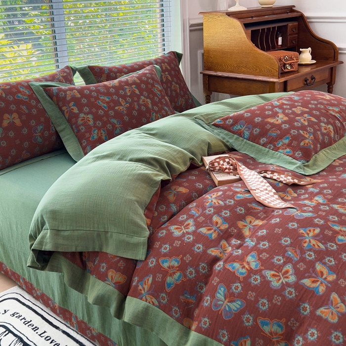 91家纺网 家纺一手货源 找家纺 小欢喜 新款色织全棉双层纱四件套直播爆款 蝶舞-红