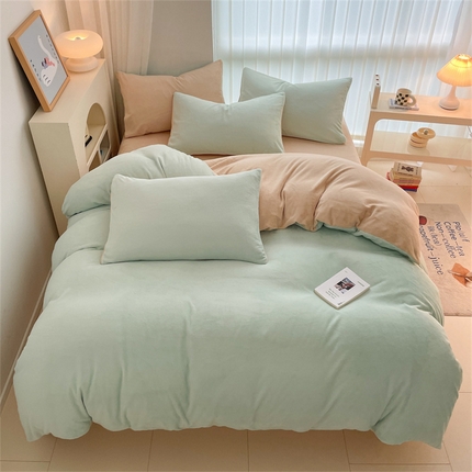 91家纺网 家纺一手货源 找家纺 古吉梦 2023新款牛奶绒纯色双拼（跑量款）四件套 清澈蓝+香槟