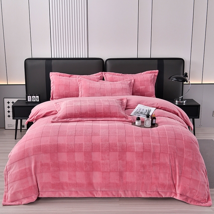 91家纺网 家纺一手货源 找家纺 席之家 2023加厚保暖立体剪花方格兔毛绒四件套-简爱款 方格-复古粉