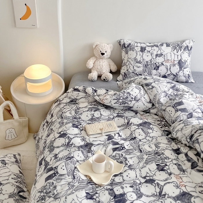 91家纺网 家纺一手货源 找家纺 潘朵拉 2023新款秋冬ins韩系牛奶绒印花四件套 素描熊