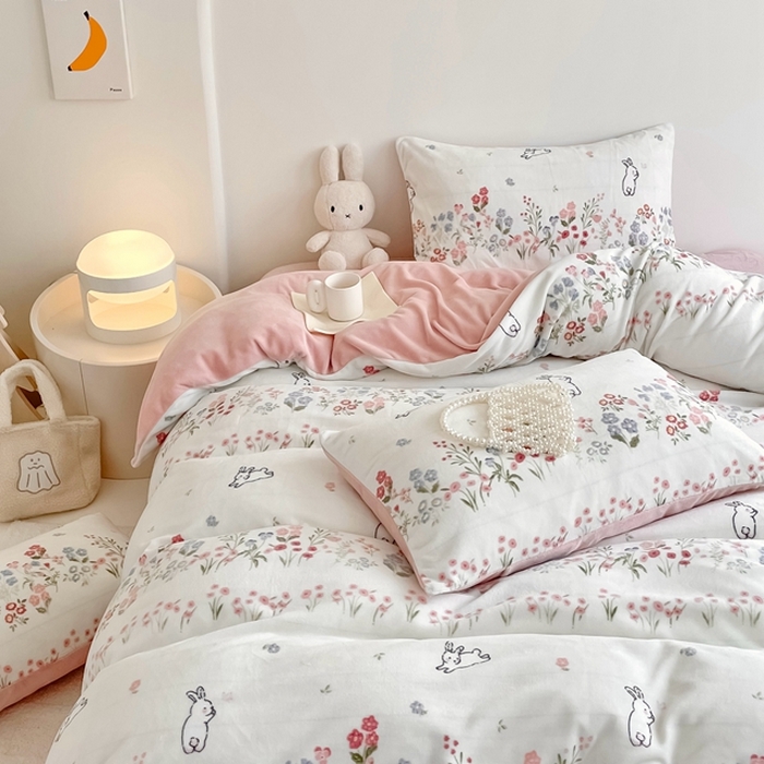 91家纺网 家纺一手货源 找家纺 潘朵拉 2023新款秋冬ins韩系牛奶绒印花四件套 罗密花尽