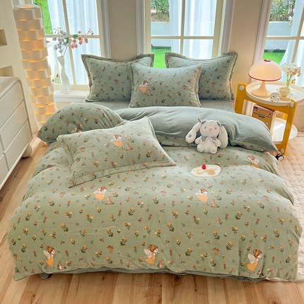 妖妖家纺 2023新款牛奶绒四件套 兔子与小仙女-绿