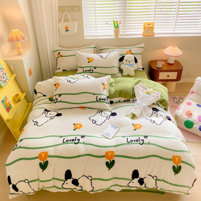 91家纺网 家纺一手货源 找家纺 沐慕 2024新款牛奶绒加厚保暖卡通印花四件套 皮皮狗