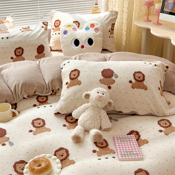 91家纺网 家纺一手货源 找家纺 顾里家纺 2023新款ins少女保暖牛奶绒四件套第二批 波点狮子