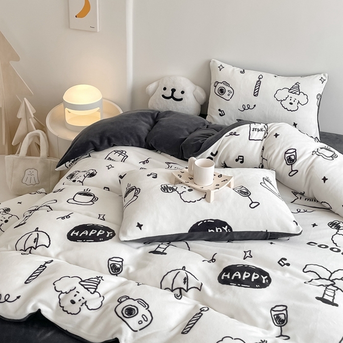 91家纺网 家纺一手货源 找家纺 潘朵拉 2023新款秋冬ins韩系牛奶绒印花四件套 百变狗