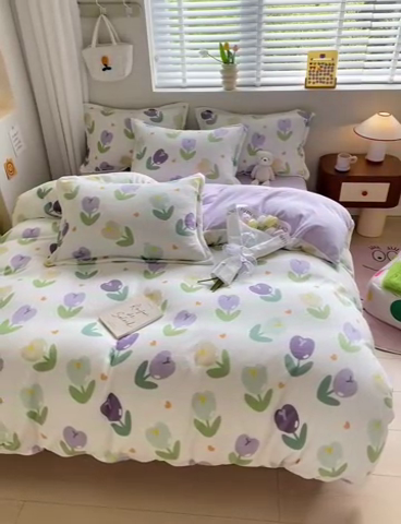 91家纺网 家纺一手货源 找家纺 沐慕 2024新款牛奶绒加厚保暖卡通印花四件套 紫郁金香