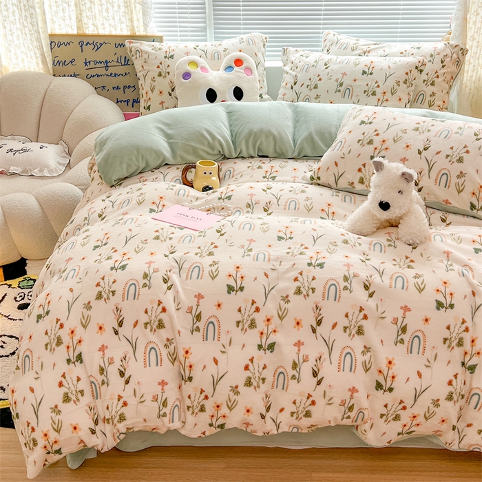 91家纺网 家纺一手货源 找家纺 顾里家纺 2023新款ins少女保暖牛奶绒四件套第二批 植物园林