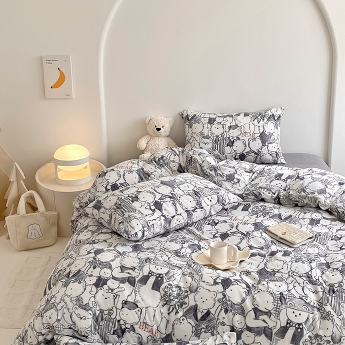 91家纺网 家纺一手货源 找家纺 潘朵拉 2023新款秋冬ins韩系牛奶绒印花四件套 素描熊