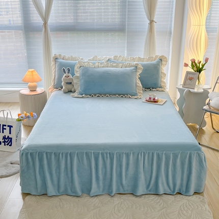 十里居 2023新款纯色韩版花边牛奶绒单床裙三件套 柔和蓝