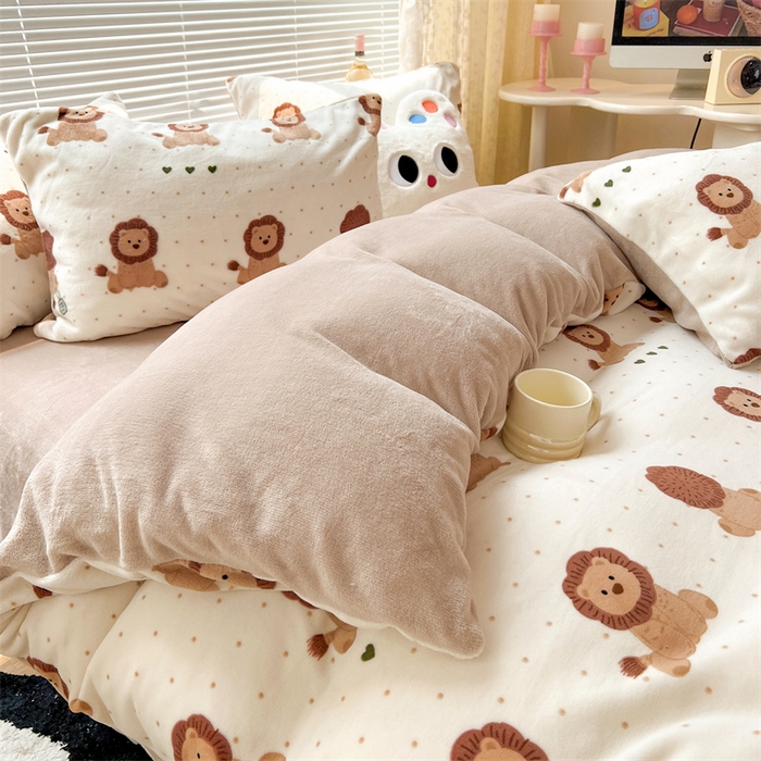 91家纺网 家纺一手货源 找家纺 顾里家纺 2023新款ins少女保暖牛奶绒四件套第二批 波点狮子