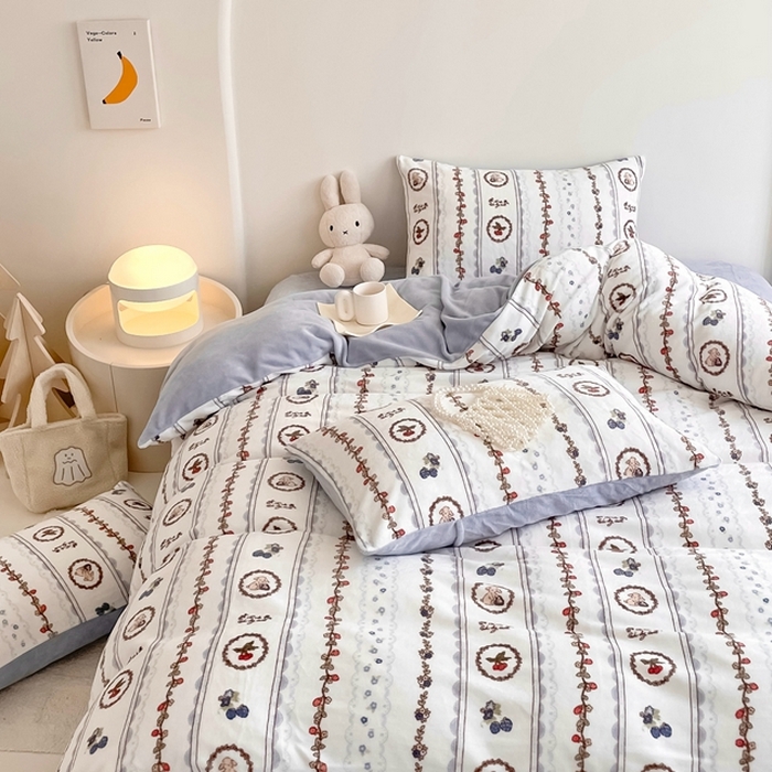 91家纺网 家纺一手货源 找家纺 潘朵拉 2023新款秋冬ins韩系牛奶绒印花四件套 冬日缤纷