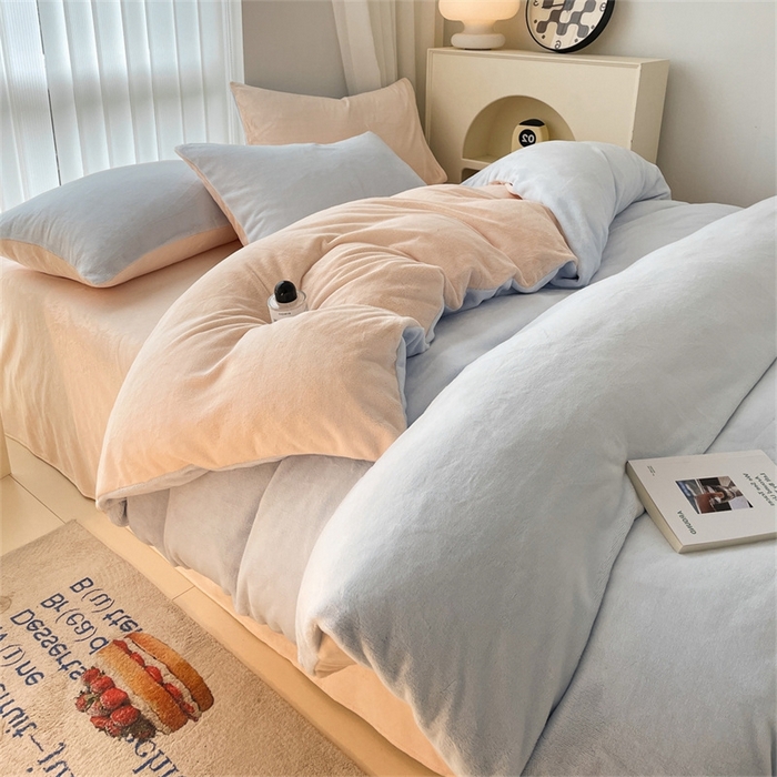 91家纺网 家纺一手货源 找家纺 古吉梦 2023新款牛奶绒纯色双拼（跑量款）四件套 尼罗兰+香蕉玉