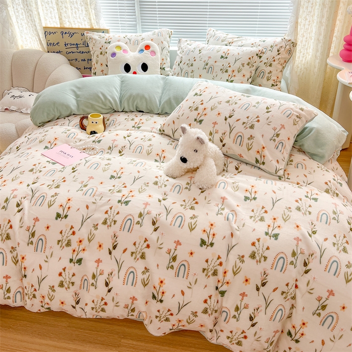 91家纺网 家纺一手货源 找家纺 顾里家纺 2023新款ins少女保暖牛奶绒四件套第二批 植物园林