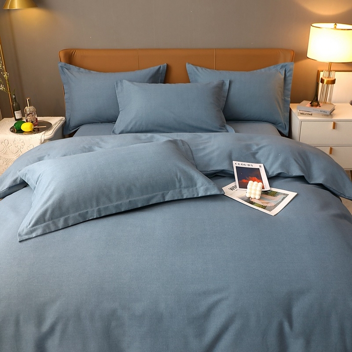 91家纺网 家纺一手货源 找家纺 晶缦家纺 2023加厚全棉纯色生态磨毛多规格四件套 纯依-蓝灰