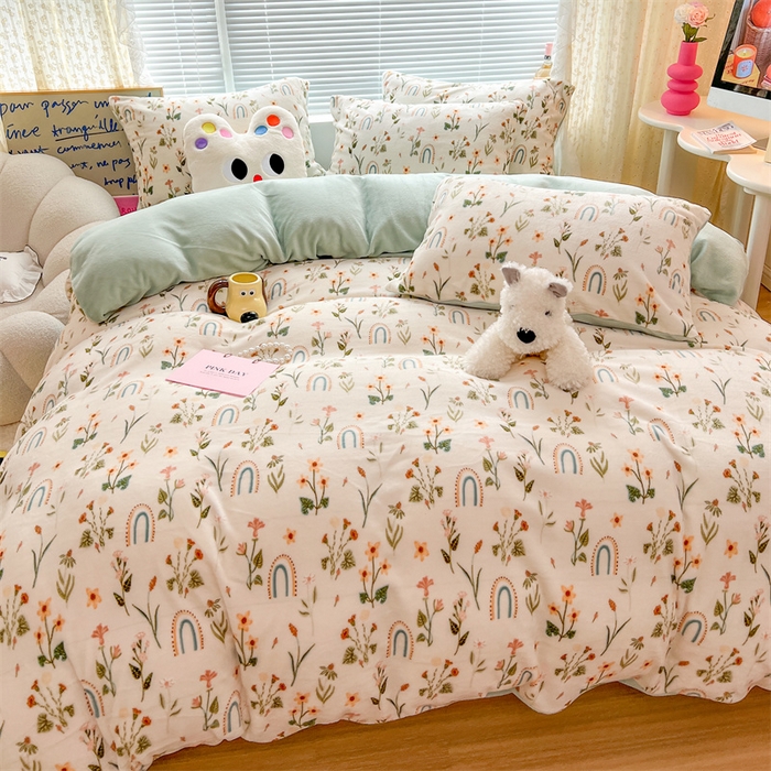 91家纺网 家纺一手货源 找家纺 顾里家纺 2023新款ins少女保暖牛奶绒四件套第二批 植物园林