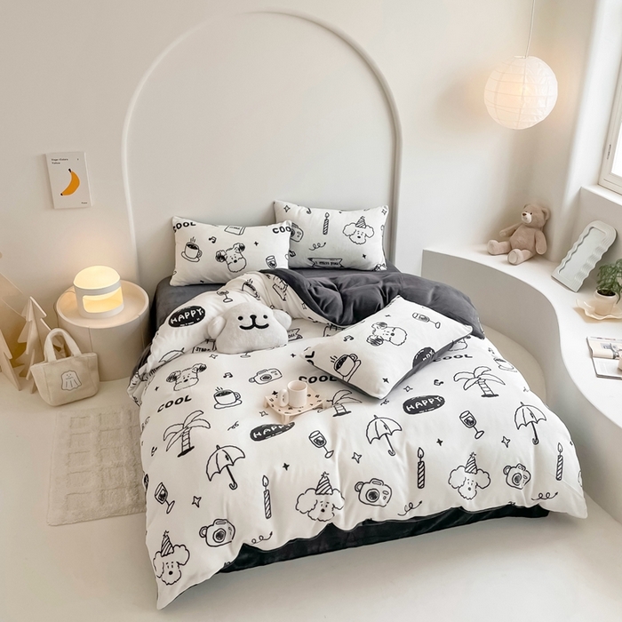 91家纺网 家纺一手货源 找家纺 潘朵拉 2023新款秋冬ins韩系牛奶绒印花四件套 百变狗