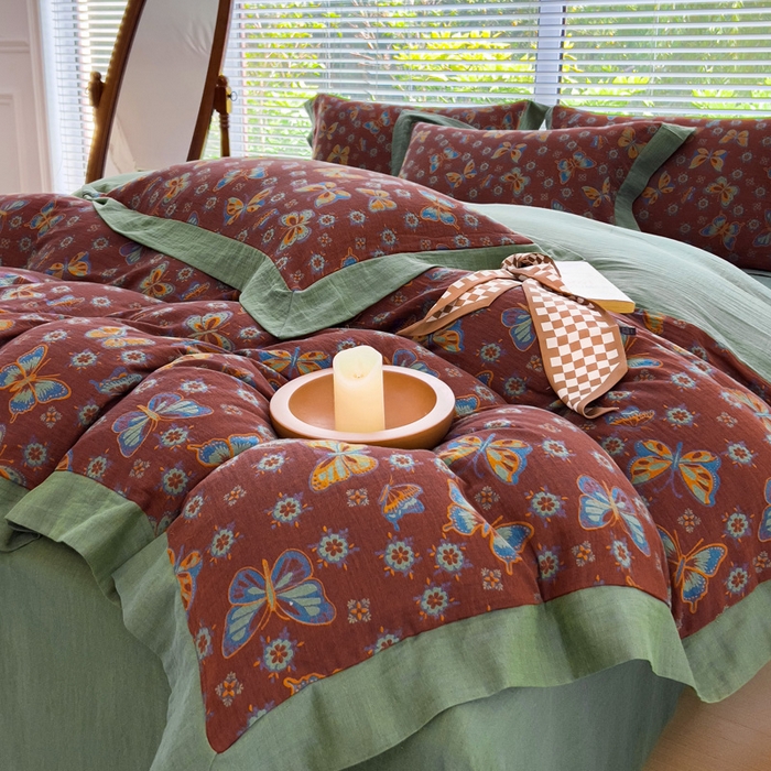 91家纺网 家纺一手货源 找家纺 小欢喜 新款色织全棉双层纱四件套直播爆款 蝶舞-红