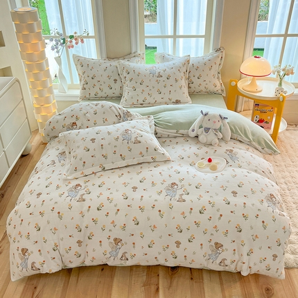 91家纺网 家纺一手货源 找家纺 妖妖家纺 2023新款牛奶绒四件套 兔子与小仙女-白