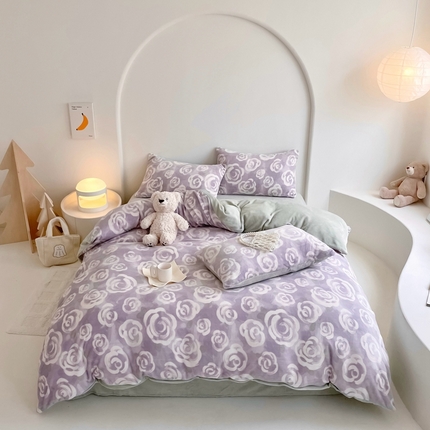 潘朵拉 2023新款秋冬ins韩系牛奶绒印花四件套 紫玫瑰