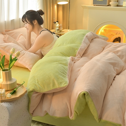 简爱2025新款纯色双拼牛奶绒四件套被套（跑量款）直播 奶油橄榄绿