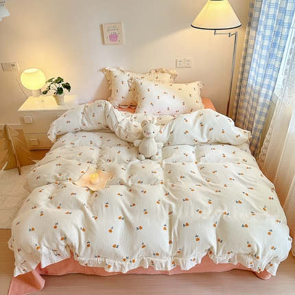 91家纺网 家纺一手货源 找家纺 （总）淑女公社2024新款A类母婴级全棉双层水洗皱皱纱刺绣花边款四件套