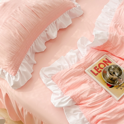 十里居 2023新款韩版花边水洗棉单床裙三件套 樱花粉