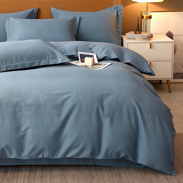 91家纺网 家纺一手货源 找家纺 晶缦家纺 2023加厚全棉纯色生态磨毛多规格四件套 纯依-蓝灰