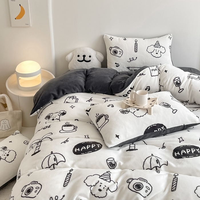 91家纺网 家纺一手货源 找家纺 潘朵拉 2023新款秋冬ins韩系牛奶绒印花四件套 百变狗