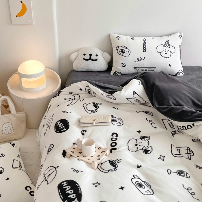 91家纺网 家纺一手货源 找家纺 潘朵拉 2023新款秋冬ins韩系牛奶绒印花四件套 百变狗