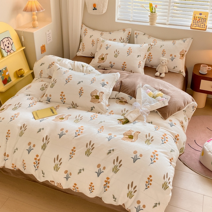 91家纺网 家纺一手货源 找家纺 沐慕 2024新款牛奶绒加厚保暖卡通印花四件套 田园松鼠