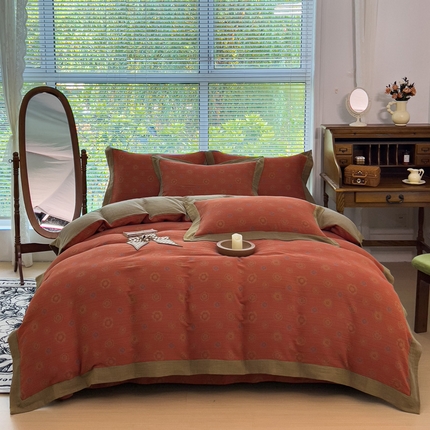 91家纺网 家纺一手货源 找家纺 小欢喜 新款色织全棉双层纱四件套直播爆款 花香蜜蜜-红