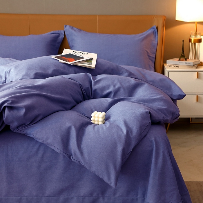 91家纺网 家纺一手货源 找家纺 晶缦家纺 2023加厚全棉纯色生态磨毛多规格四件套 纯依-牛仔蓝