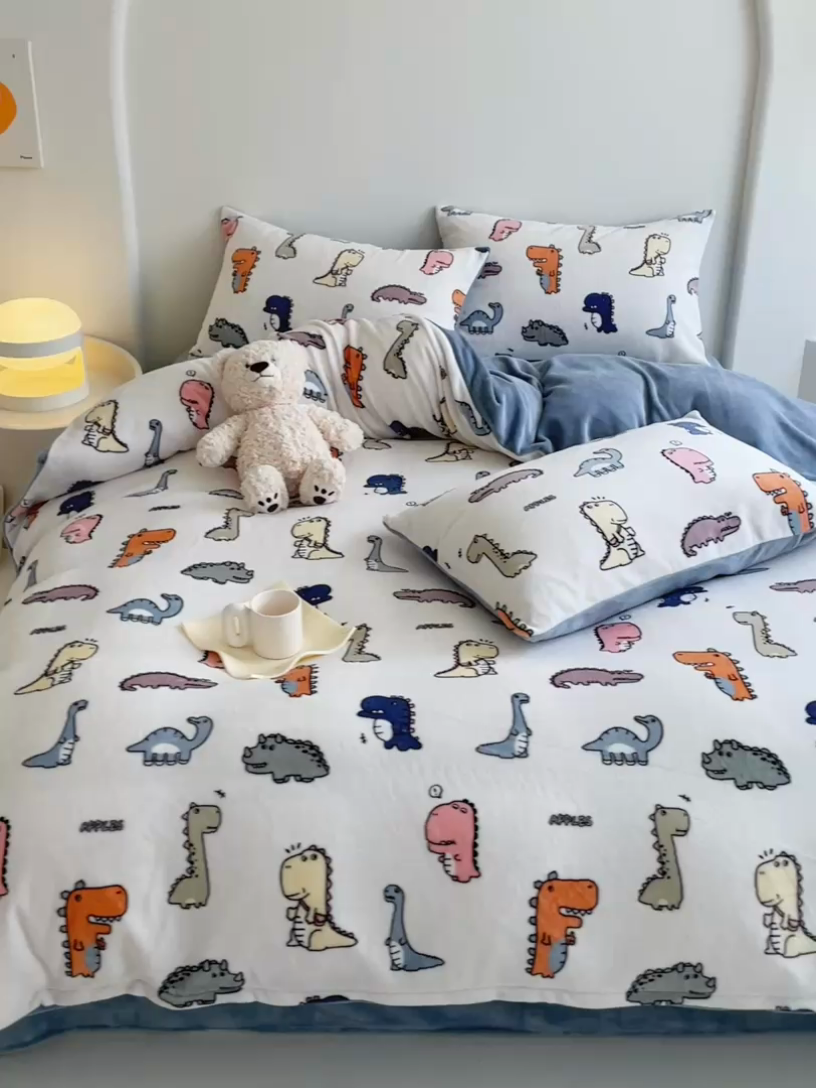 91家纺网 家纺一手货源 找家纺 潘朵拉 2023新款秋冬ins韩系牛奶绒印花四件套 侏罗纪