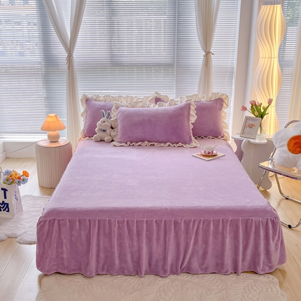 十里居 2023新款纯色韩版花边牛奶绒单床裙三件套 浪漫紫
