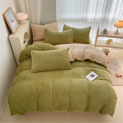 91家纺网 家纺一手货源 找家纺 古吉梦 2023新款牛奶绒纯色双拼（跑量款）四件套 苹果绿+香槟