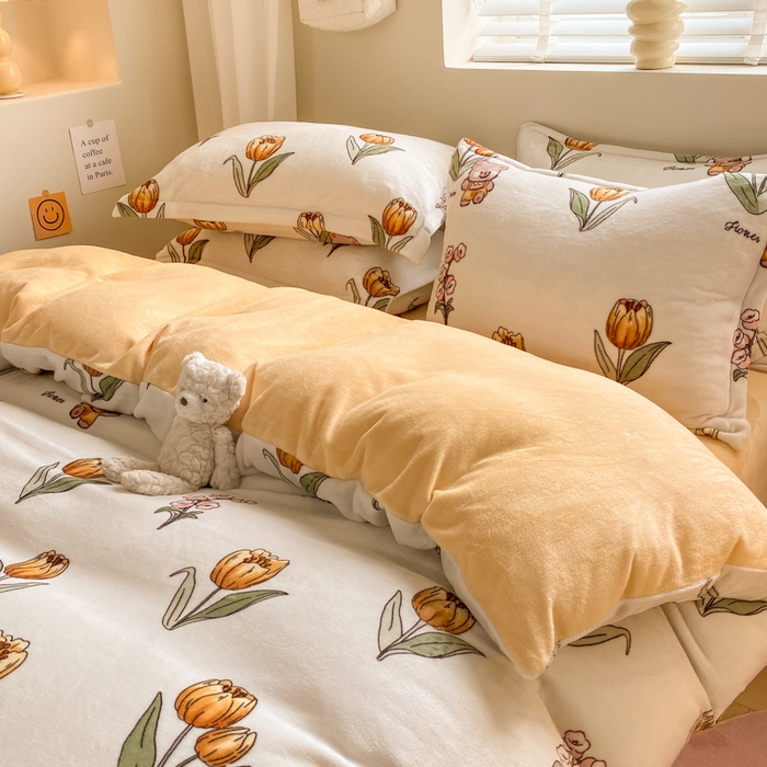 91家纺网 家纺一手货源 找家纺 沐慕 2024新款牛奶绒加厚保暖卡通印花四件套 可可花