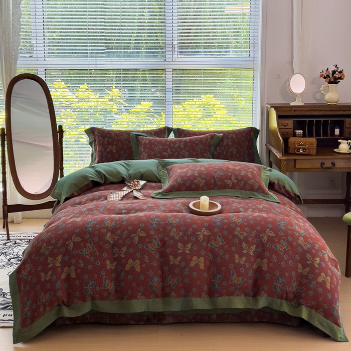 91家纺网 家纺一手货源 找家纺 小欢喜 新款色织全棉双层纱四件套直播爆款 蝶舞-红