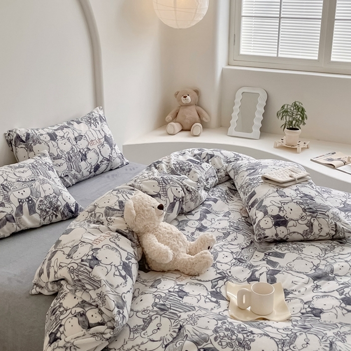 91家纺网 家纺一手货源 找家纺 潘朵拉 2023新款秋冬ins韩系牛奶绒印花四件套 素描熊